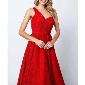 ONE SHOULDER FORMAL EVENING BALL GOWN PRISM RED OR NAVY BLUE